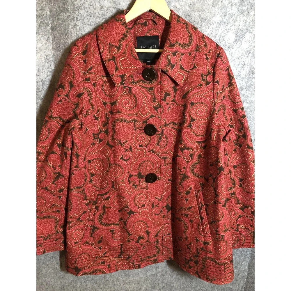 Talbots Jacket Womens Large Red Paisley Denim Cotton Button Front Pockets Swing